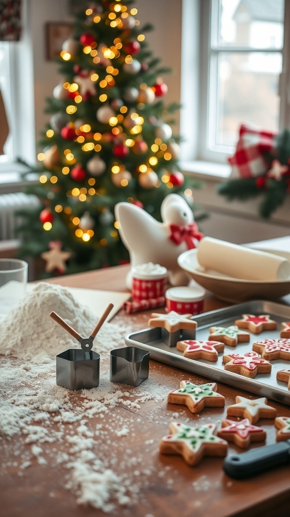 A festive kitchen with holiday baking supplies, including cookie cutters and decorated cookies, with a Christmas tree in the background.